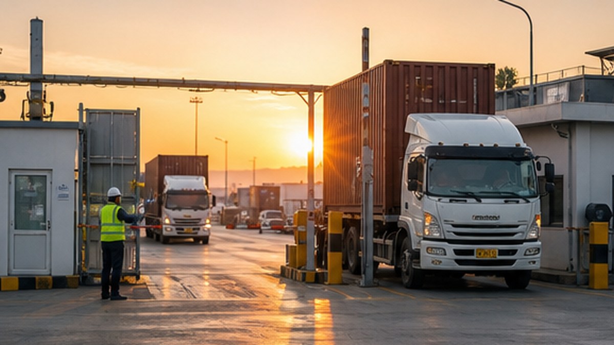 Container depot gate with trucks, yard staff, and controlled entry workflow