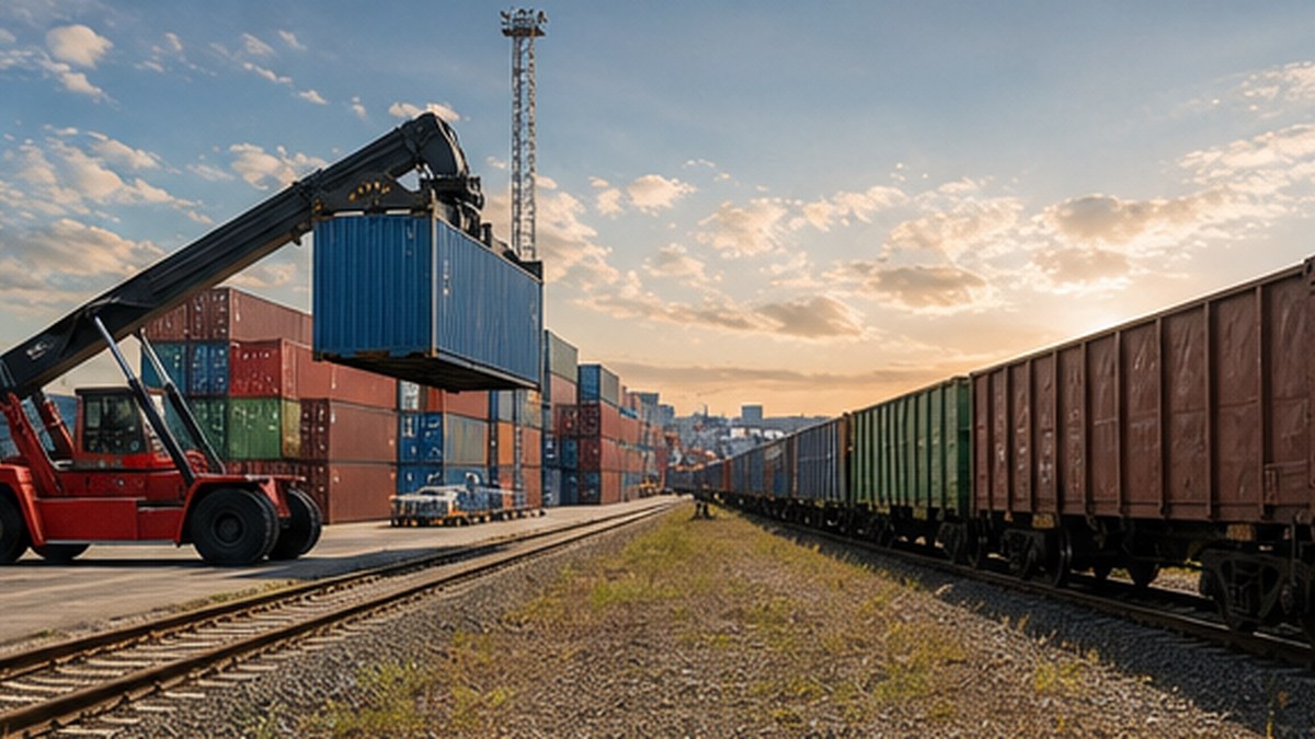 Reach stacker loading containers near rail wagons in an intermodal terminal