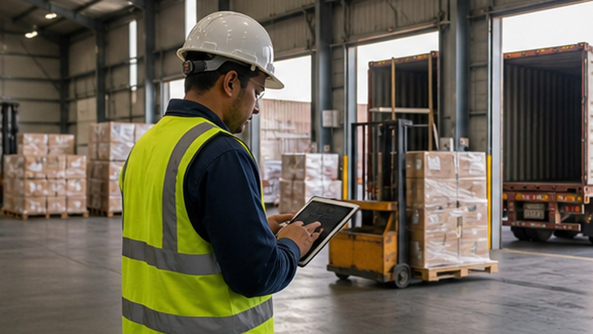 Warehouse operator using a tablet near palletized cargo and a container trailer