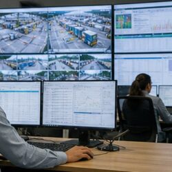 Operations control room with depot dashboards, yard cameras, and planning screens