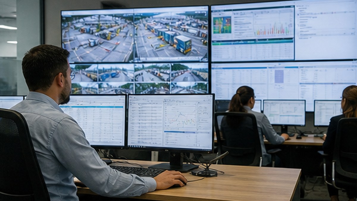 Operations control room with depot dashboards, yard cameras, and planning screens