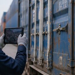 Inspector taking mobile photos of container damage for inspection records