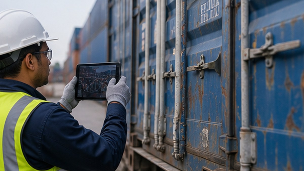 Inspector taking mobile photos of container damage for inspection records