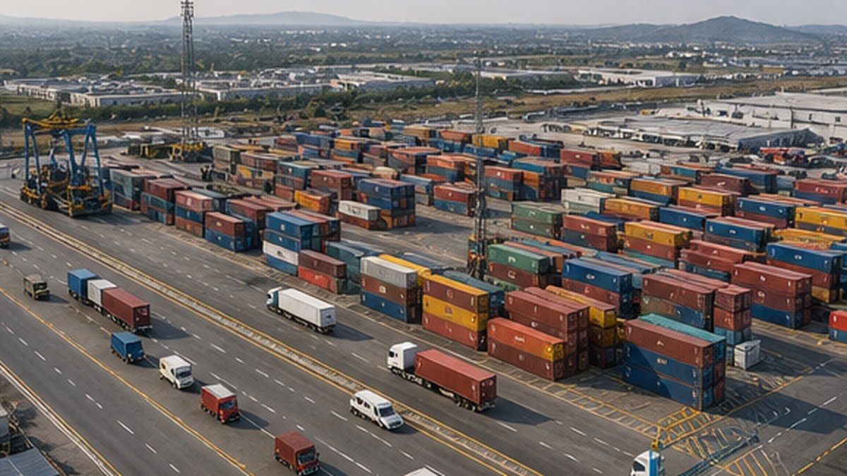 Aerial dry port yard with container stacks, trucks, and intermodal operating lanes