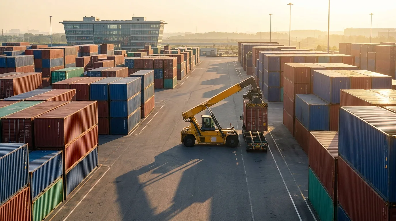 Containerhof mit organisierten Containerstapeln und Umschlaggeräten