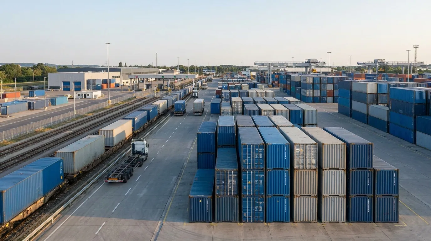 Depósito de contenedores en el interior con vía lateral, carriles para camiones y pilas de contenedores organizadas