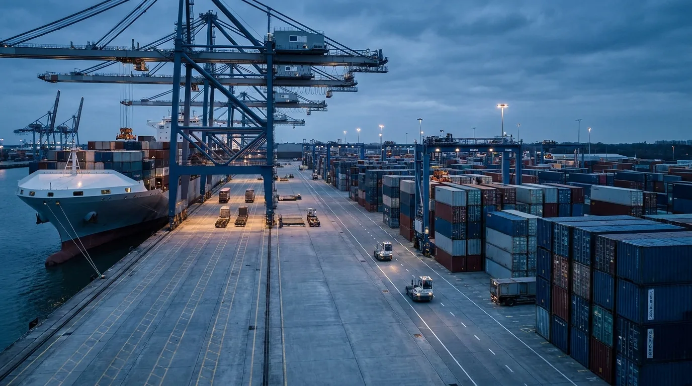 Containerterminal-Anlegeplatz mit Kaikranen und organisierten Lagerbetrieben