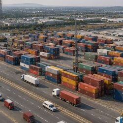 Aerial dry port yard with container stacks, trucks, and intermodal operating lanes